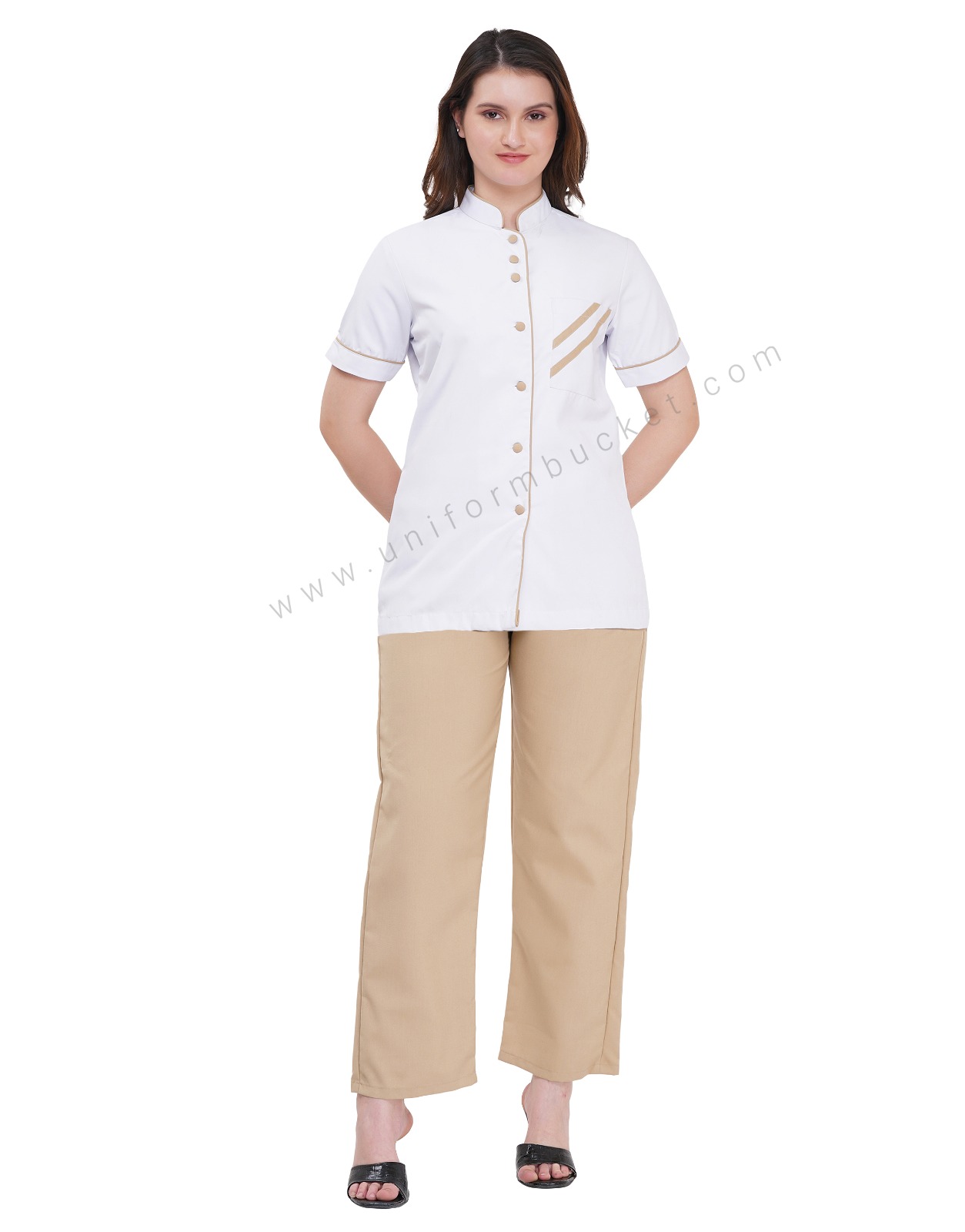 FEMALE WHITE TOP WITH KHAKI TRIM & PATCH POCKET  thumbnail 2
